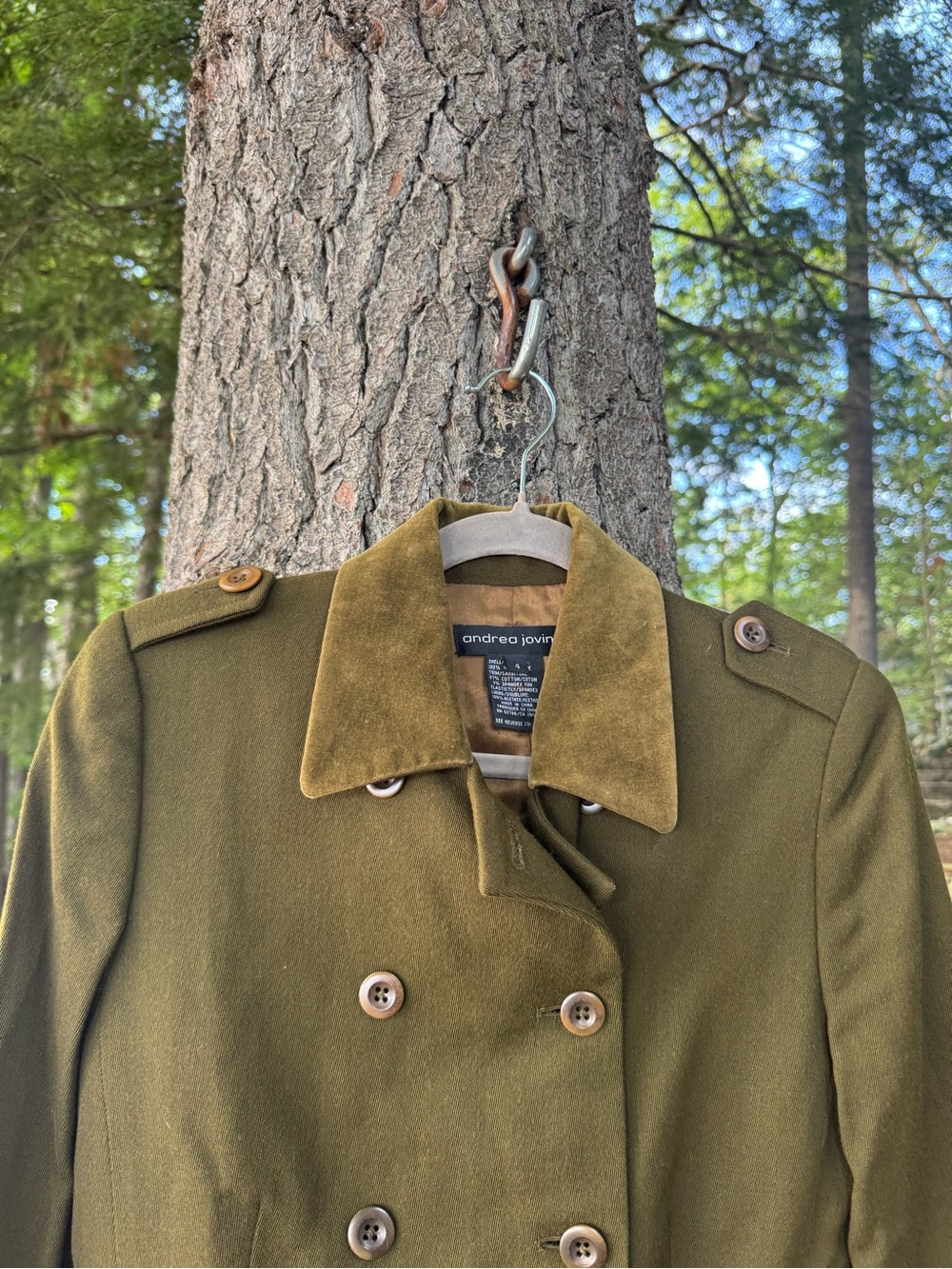 Andrea Jovine Olive Wool Double-Breasted Pea Coat with Velvet Collar 4
